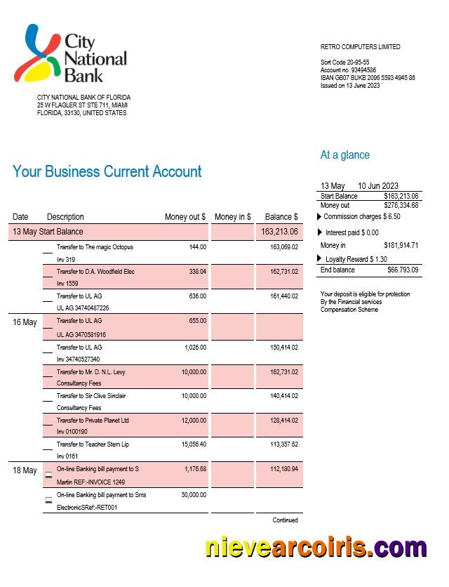 City National Bank of Florida firm account statement